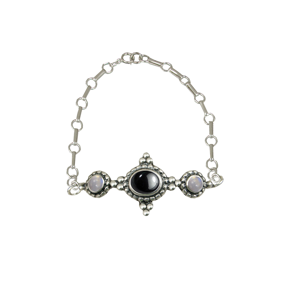 Sterling Silver Gemstone Adjustable Chain Bracelet With Hematite And Rainbow Moonstone